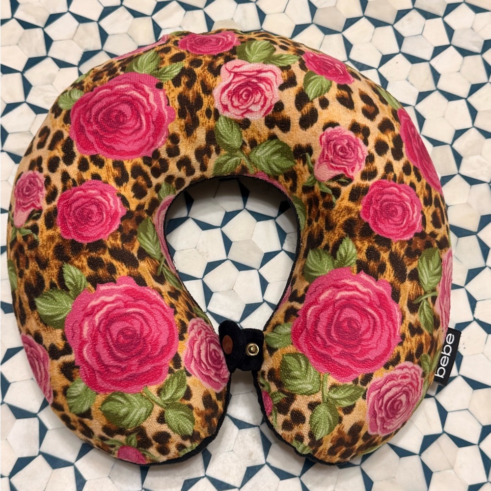 Bebe Floral Leopard Travel neck Pillow memory foam roses animal print black pink